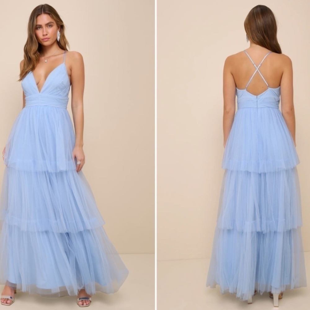 LULU's Prom Sexy Tiered Ruffles Boho Chic Blue Maxi Dress NWOT